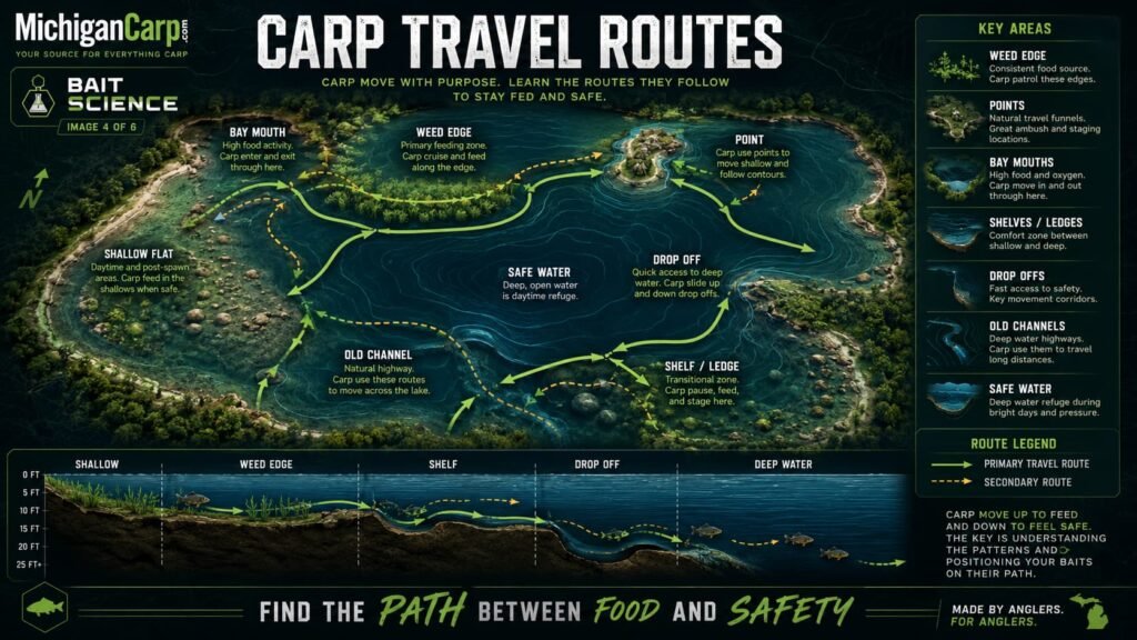 Carp travel routes in lakes showing weed edges points bay mouths shelves drop offs old channels and shallow to deep movement