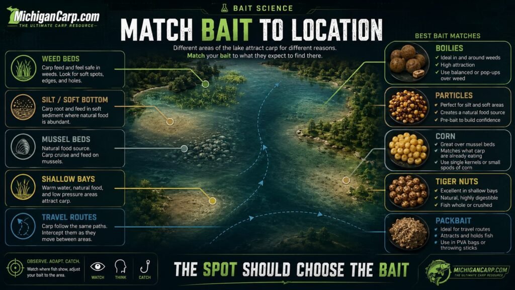 Match bait to carp location in lakes showing weed beds silt mussels shallow bays travel routes boilies particles corn tiger nuts and packbait