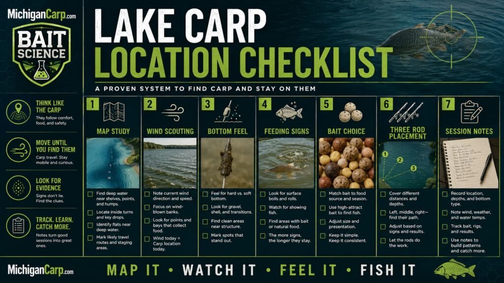 How to find carp in lakes checklist showing map study wind scouting bottom feel feeding signs bait choice three rod placement and session notes