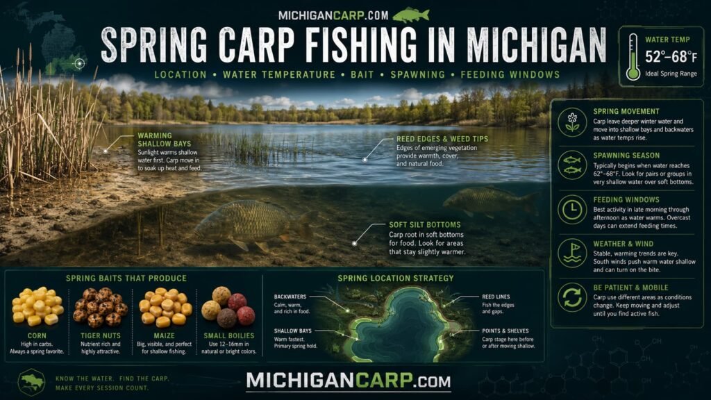 Spring carp fishing Michigan showing warming shallow bays reed edges soft silt water temperature spring bait spawning feeding windows and carp location strategy