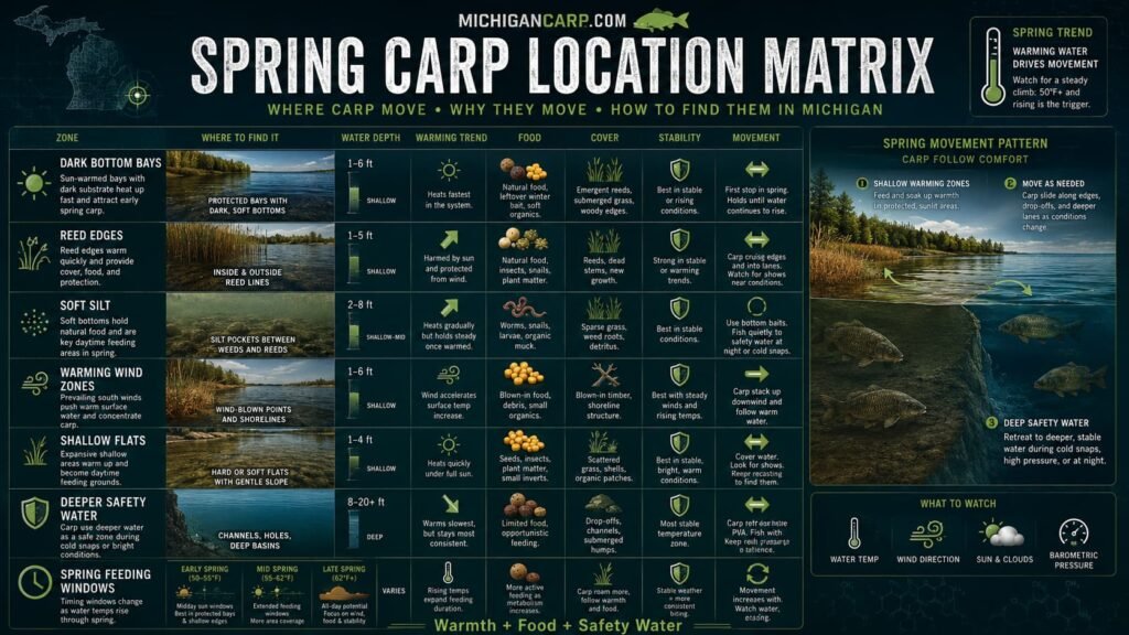 Spring carp location matrix in Michigan showing dark bottom bays reed edges soft silt warming wind shallow flats deeper safety water and spring feeding windows