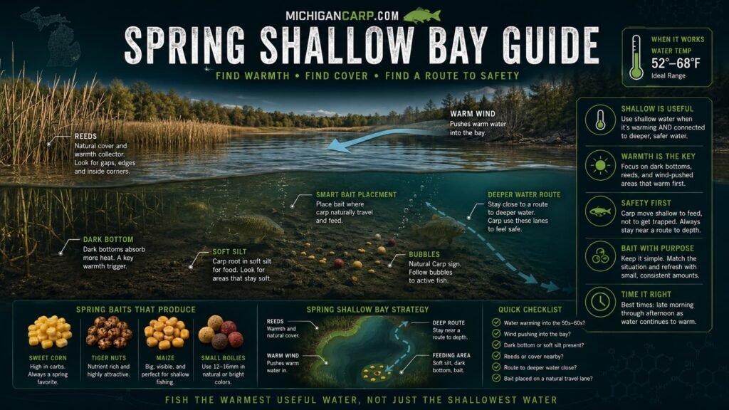 Spring shallow bay carp fishing in Michigan showing dark bottom soft silt reeds warm wind deeper water route bubbles and bait placement