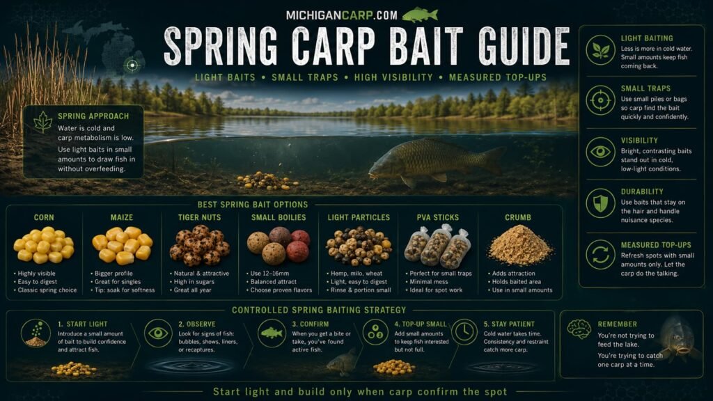Spring carp bait guide for Michigan showing corn maize tiger nuts small boilies light particles PVA sticks crumb and controlled spring baiting