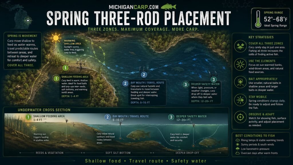 Spring carp three rod placement guide showing shallow feeding area bay mouth travel route deeper safety water reeds soft silt and Michigan lake strategy