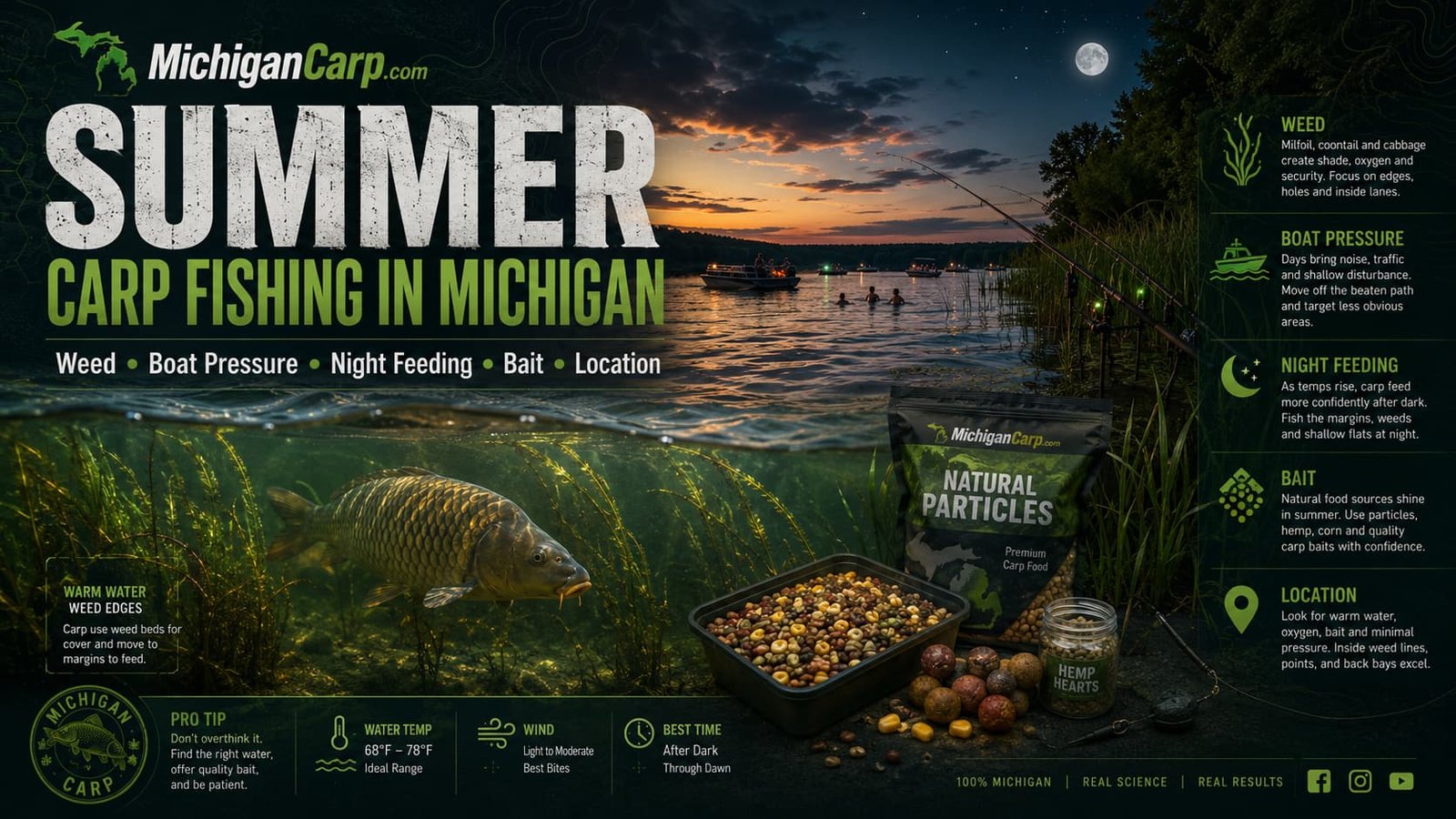  Summer carp fishing Michigan showing weed beds boat pressure night feeding warm water bait particles packbait wind and carp location strategy