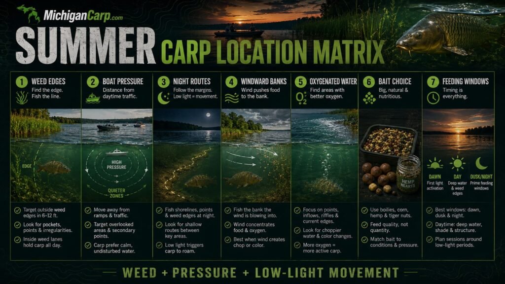 Summer carp location matrix in Michigan showing weed edges boat pressure night routes windward banks oxygenated water bait choice and feeding windows