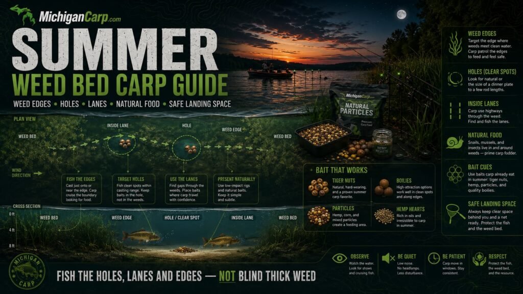 Summer weed bed carp fishing in Michigan showing weed edges clear holes lanes snails natural food tiger nuts boilies and safe fish landing