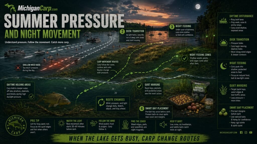 Summer carp fishing in Michigan showing boat pressure weed beds quiet night feeding dawn dusk carp routes and bait placement