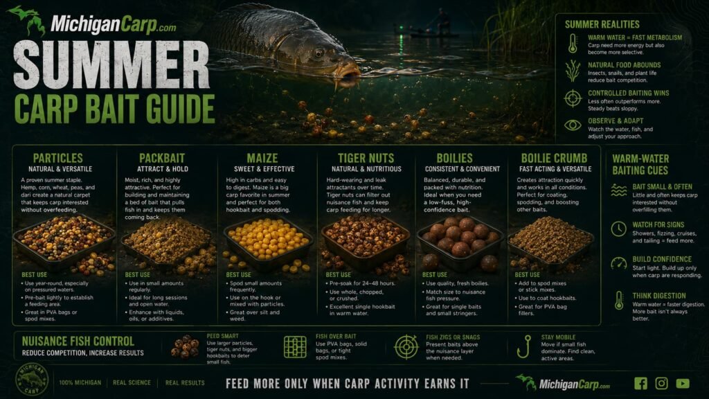 Summer carp bait guide for Michigan showing particles packbait maize tiger nuts boilies crumb warm water baiting and nuisance fish control
