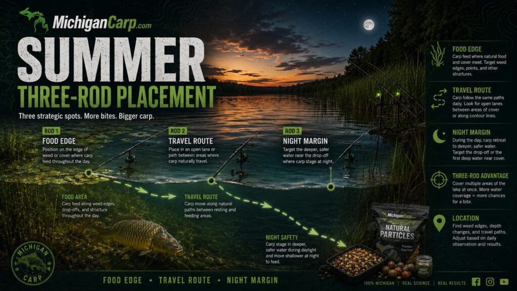 Summer carp three rod placement guide showing weed edge travel route night margin deeper safety water and Michigan lake carp strategy