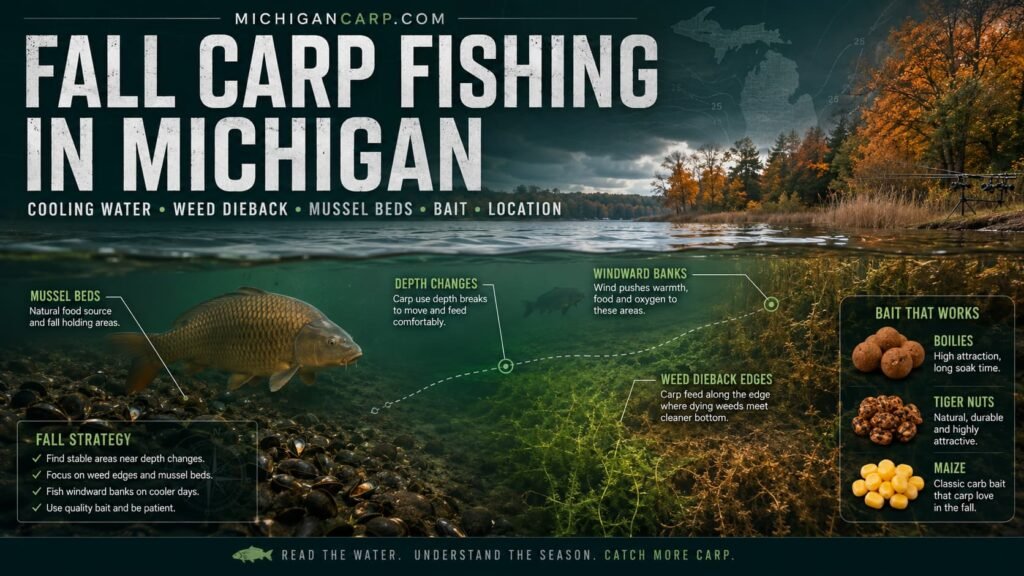 Fall carp fishing Michigan showing cooling water weed dieback mussel beds windward banks boilies tiger nuts maize and carp location strategy