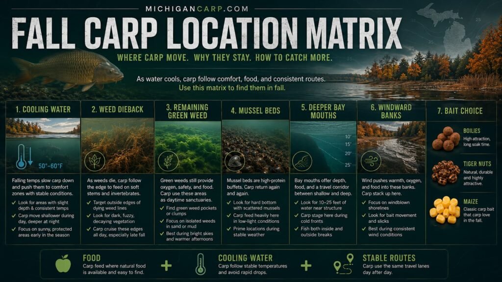 Fall carp location matrix in Michigan showing cooling water weed dieback remaining green weed mussel beds deeper bay mouths windward banks and bait choice