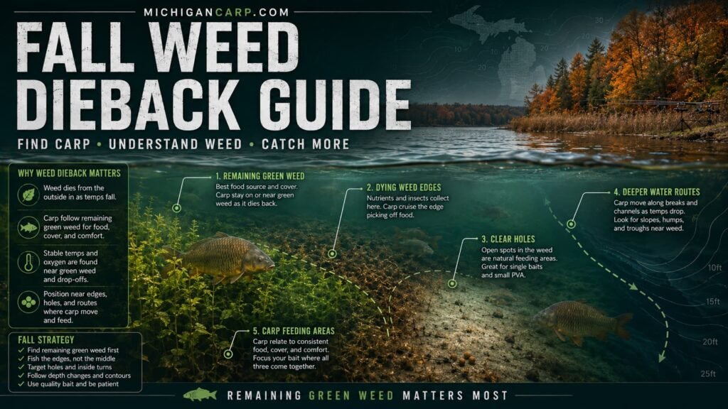 Fall weed dieback carp fishing in Michigan showing remaining green weed dying weed edges clear holes deeper water routes and carp feeding areas