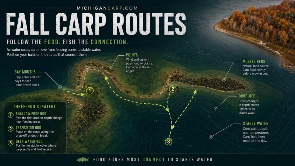 Fall carp routes in Michigan showing deeper bay mouths points drop offs mussel beds stable water and three rod placement strategy