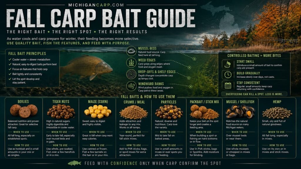  Fall carp bait guide for Michigan showing boilies tiger nuts maize crumb particles packbait mussel beds weed edges and controlled baiting