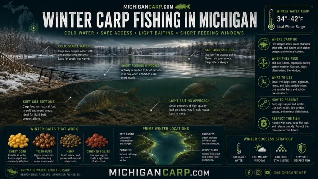 Winter carp fishing Michigan showing cold water ice free access deeper stable water soft silt light baiting short feeding windows and carp safety