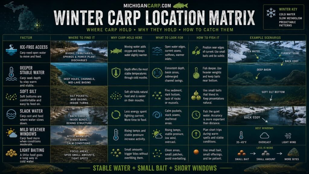 Winter carp location matrix in Michigan showing ice free access deeper stable water soft silt slack water mild weather windows and light baiting