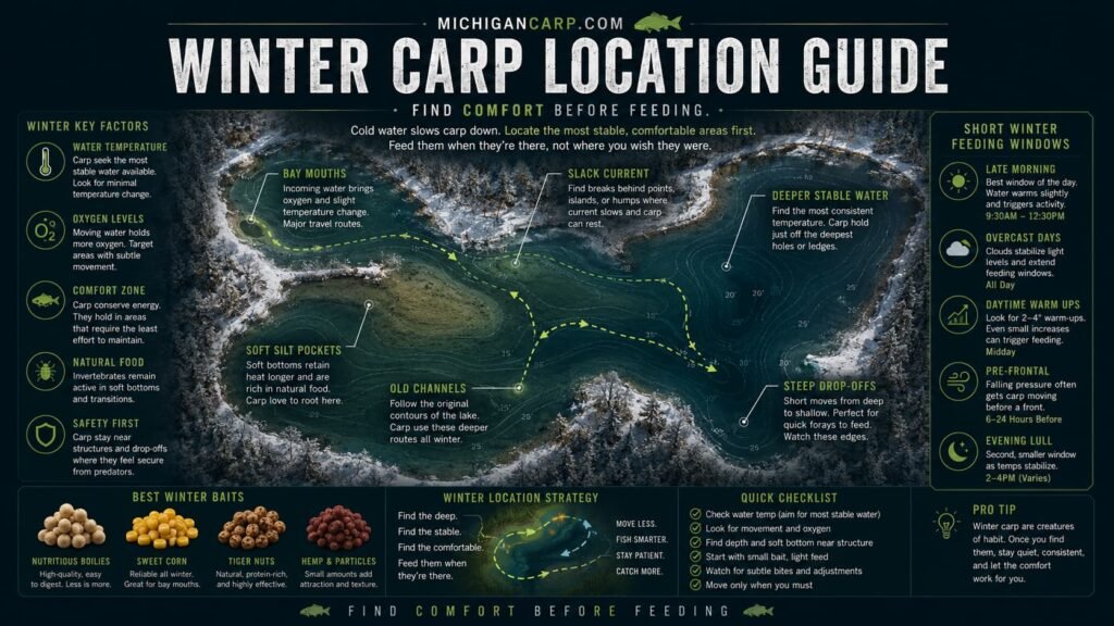  Winter carp location guide showing deeper stable water soft silt pockets slack current bay mouths old channels and short feeding windows