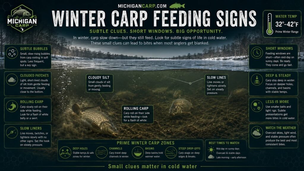 Winter carp feeding signs showing subtle bubbles slow liners small clouded patches rolling carp cold water and short feeding windows