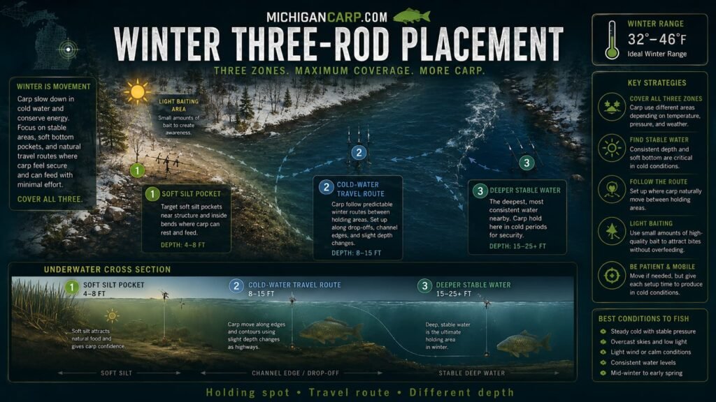 Winter carp three rod placement guide showing soft silt pocket cold water travel route deeper stable water slack current and light baiting