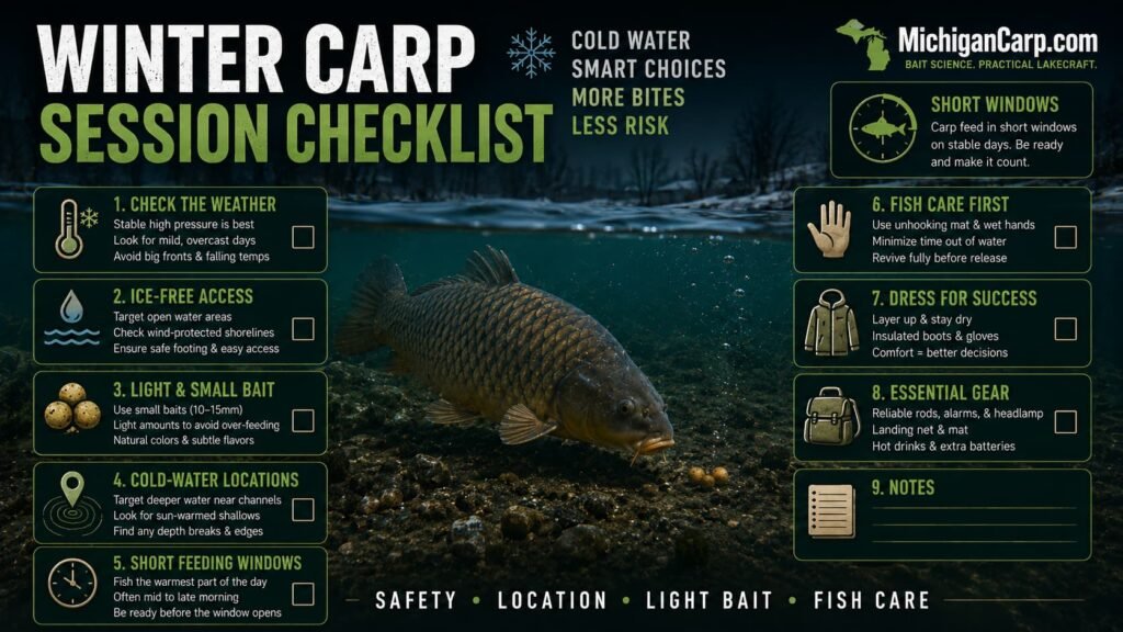 Winter carp session checklist for Michigan showing weather safety ice free access small bait cold water location fish care and short feeding windows