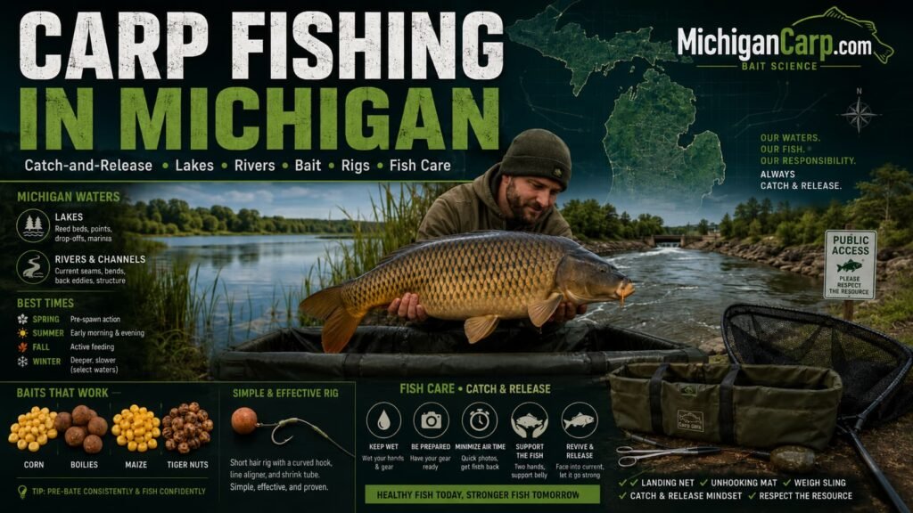 Carp fishing in Michigan catch and release guide showing common carp lakes rivers bait rigs fish care watercraft seasons and Michigan carp strategy
