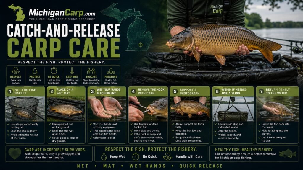 Catch and release carp care in Michigan showing large landing net padded unhooking mat wet hands weigh sling forceps and safe carp release