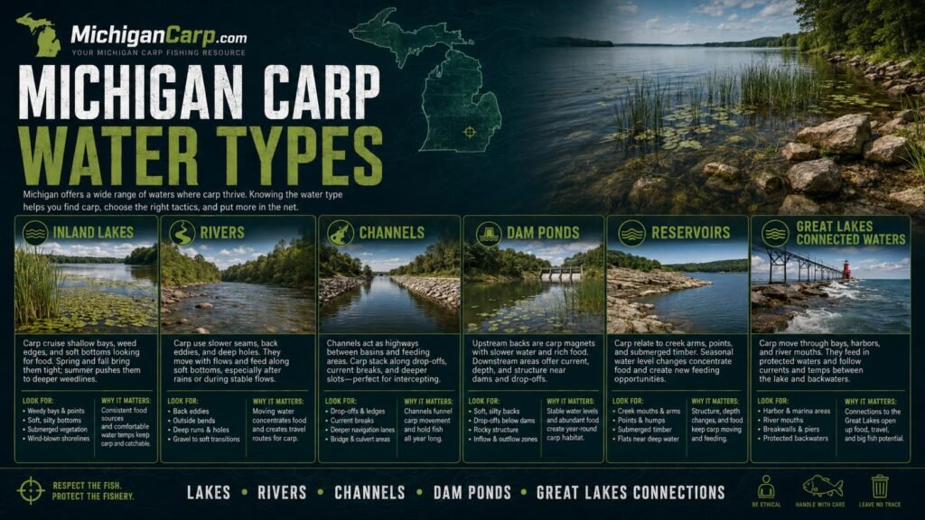 Michigan carp water types showing inland lakes rivers channels dam ponds reservoirs Great Lakes connected water bays weed reeds silt and public access banks