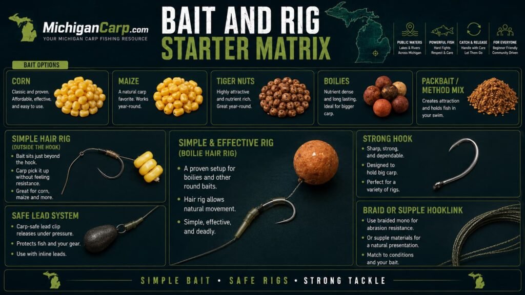 Michigan carp bait and rig starter matrix showing corn maize tiger nuts boilies packbait hair rigs safe lead systems hooks and beginner carp setup