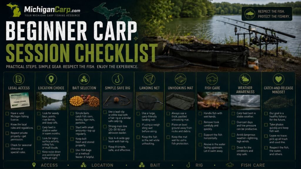 Michigan carp fishing beginner session checklist showing legal access watercraft bait rigs landing net unhooking mat fish care and catch and release strategy