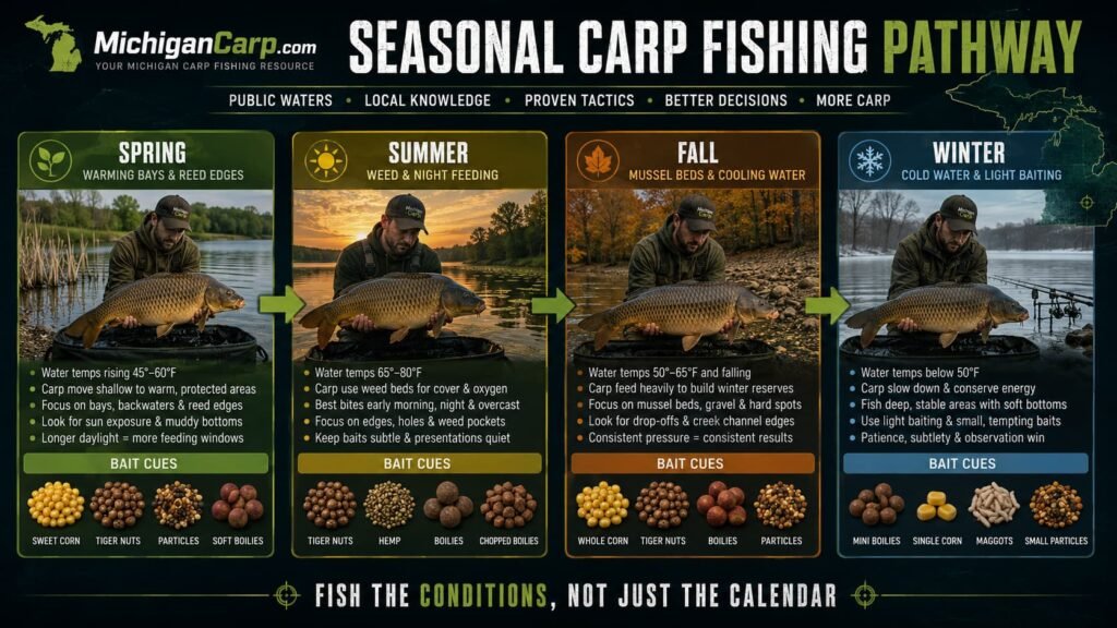 Michigan carp fishing seasonal pathway showing spring warming bays summer weed and night feeding fall mussel beds winter cold water and baiting strategy