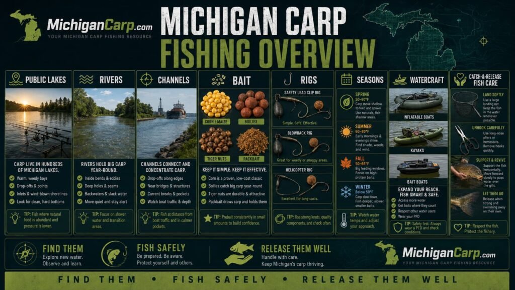 Michigan carp fishing overview matrix showing common carp lakes rivers channels bait rigs seasons watercraft and catch and release fish care
