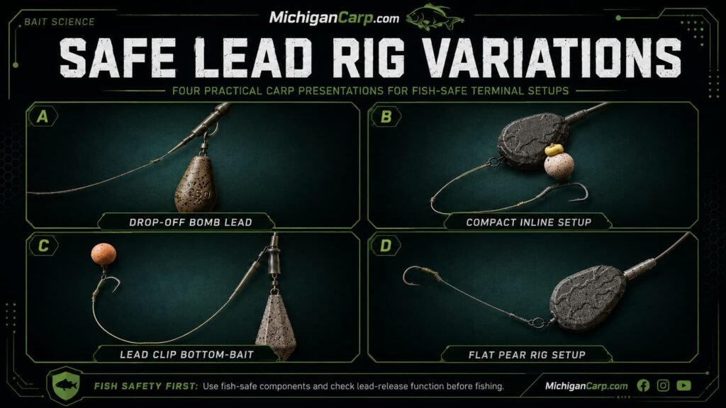 Carp terminal tackle Michigan showing hooks leads swivels tubing bait stops bait screws lead clips inline leads putty hooklinks and safe rig components