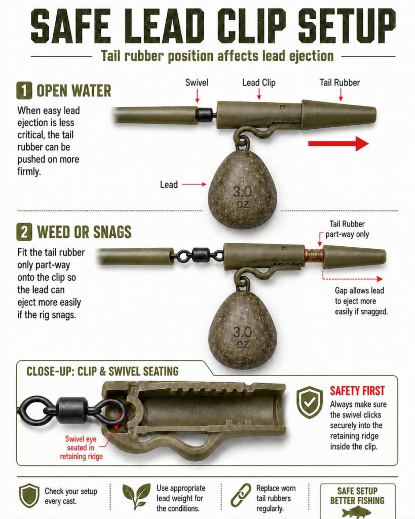 Safe carp lead clip fit and ejection test infographic showing open water and weed or snag setup, tail rubber positioning, lead clip assembly, and swivel retention guidance