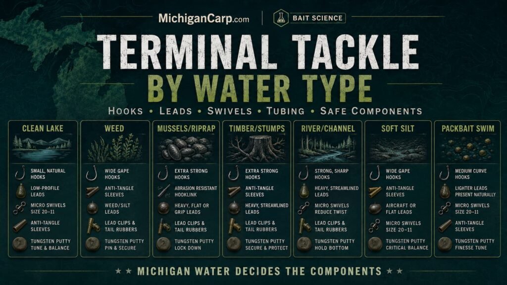 Michigan terminal tackle by water type showing clean lakes weed zebra mussels timber rivers soft silt packbait and boat placed rigs with component priorities