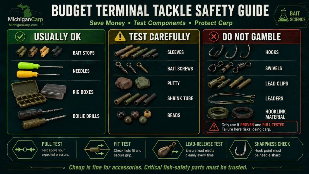 Budget carp terminal tackle safety guide showing Temu AliExpress discount tackle hooks swivels lead clips bait stops tubing and safe component testing for Michigan carp fishing