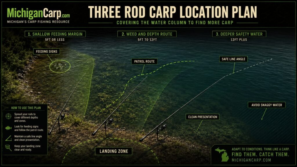 Three carp rods covering a shallow feeding margin weed and depth route and deeper safety water on a Michigan lake