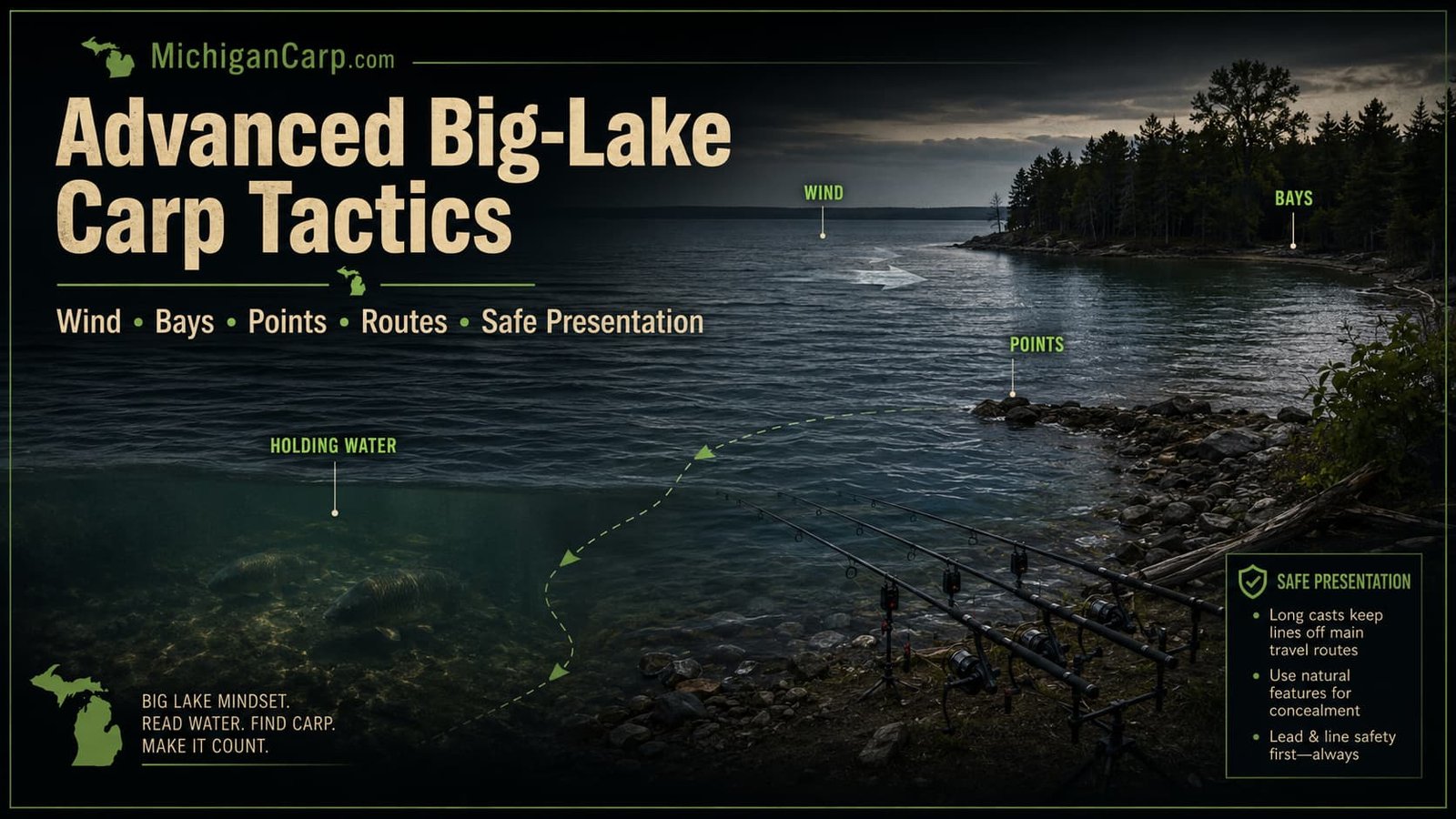 1. Advanced Big-Lake Carp TacticsAlt text:Big Michigan lake carp tactics image showing wind bays points holding water safe presentation bank rods and carp patrol routes