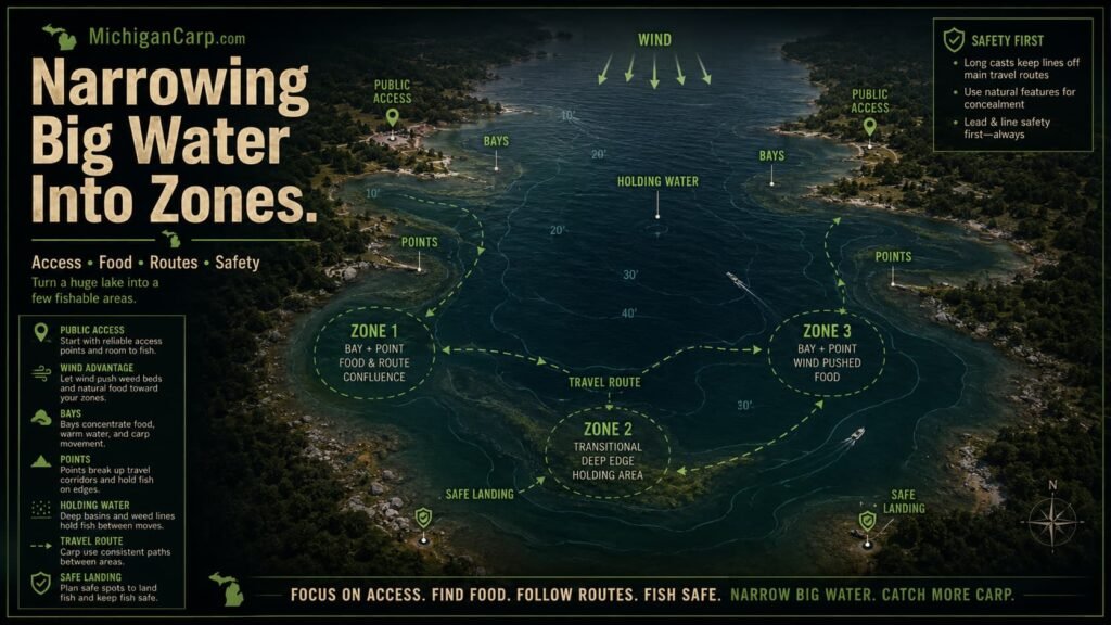 2. Narrowing Big Water Into ZonesAlt text:Overhead big lake carp fishing map showing public access bays points travel routes holding water depth contours and safe landing zones