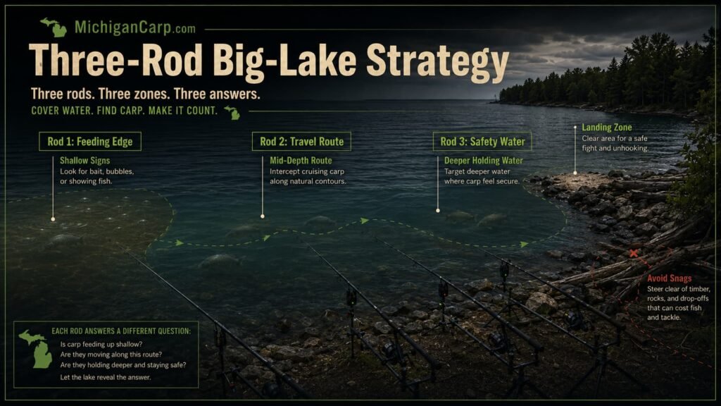 4. Three-Rod Big-Lake StrategyAlt text:Three carp rods covering shallow feeding edge mid depth travel route and deeper safety water on a large Michigan lake