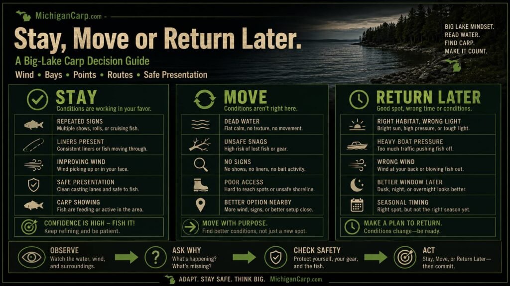 5. Stay Move or Return LaterAlt text:Big lake carp fishing decision guide showing when to stay move or return later based on signs wind safety pressure and timing