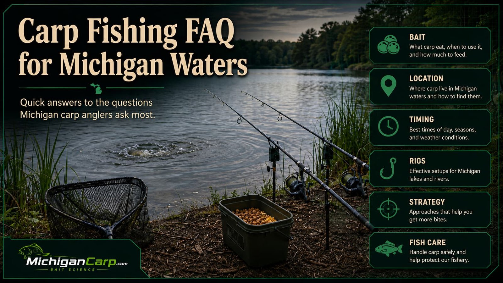 Michigan carp fishing FAQ hero image showing carp rods landing net bait and quick answer panels for bait location timing rigs strategy and fish care