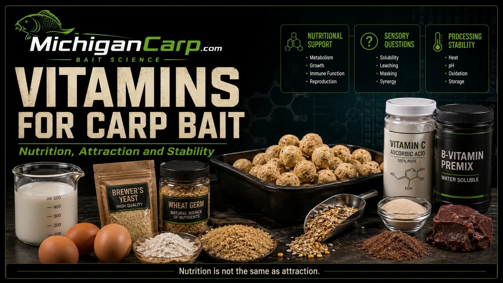 Vitamins for carp bait showing vitamin C, B-vitamin premix, brewers yeast, wheat germ, eggs, milk ingredients, liver and boilies on a technical bait-science workbench