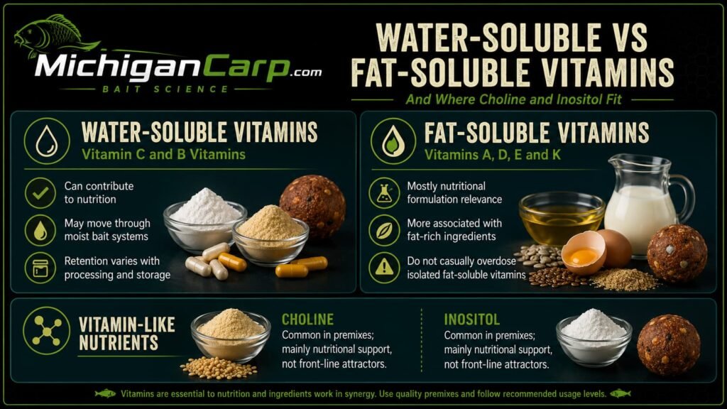 Water-soluble and fat-soluble vitamins in carp bait showing vitamin C and B vitamins versus vitamins A, D, E and K, with choline and inositol listed separately