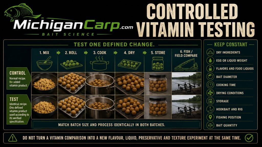 Controlled carp bait vitamin test comparing a matched control batch with one defined vitamin treatment while keeping ingredients, cooking, drying, storage, rigs and fishing position constan