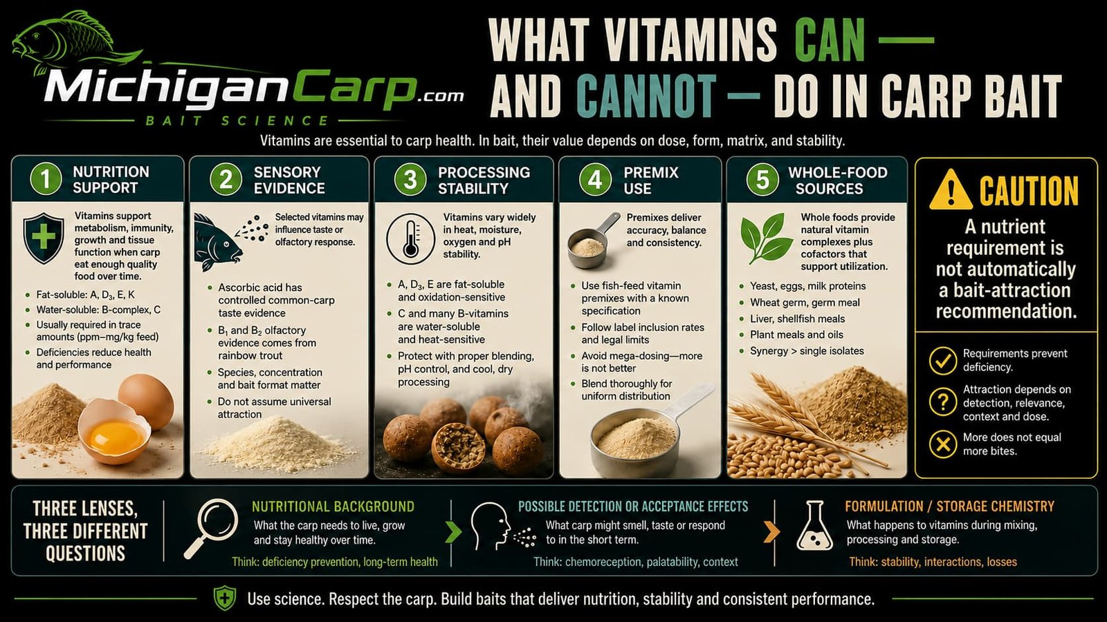 Carp bait vitamin decision map separating nutritional support, sensory evidence, processing stability, premix use and whole-food vitamin sources