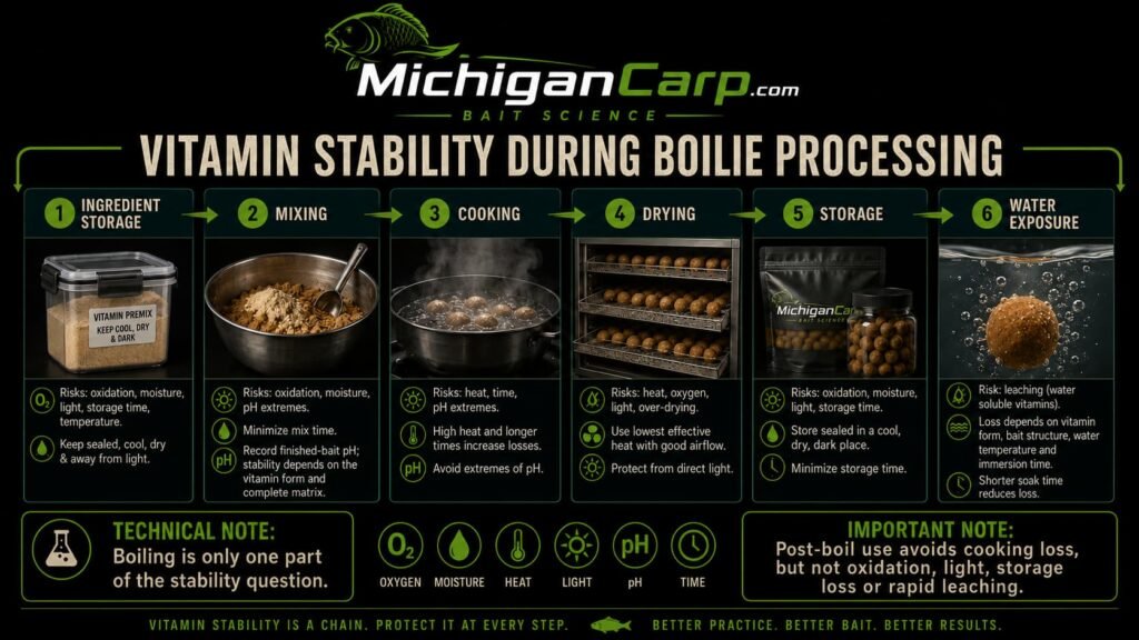 Controlled vitamin test comparing matched carp-boilie batches while keeping ingredients, cooking, drying, storage and fishing variables constant