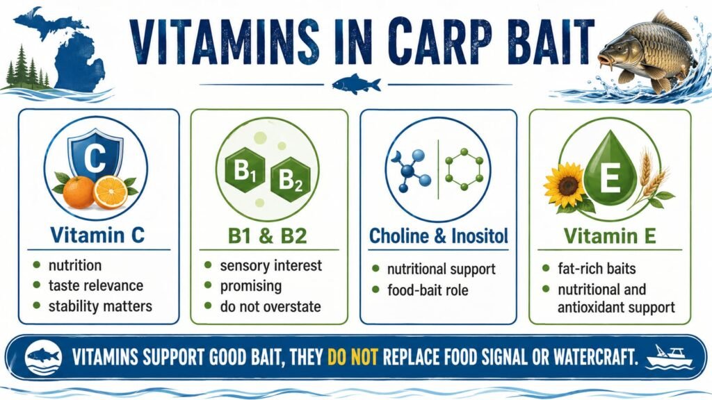 Infographic explaining vitamin C, B vitamins, choline, inositol and vitamin E in carp bait.
