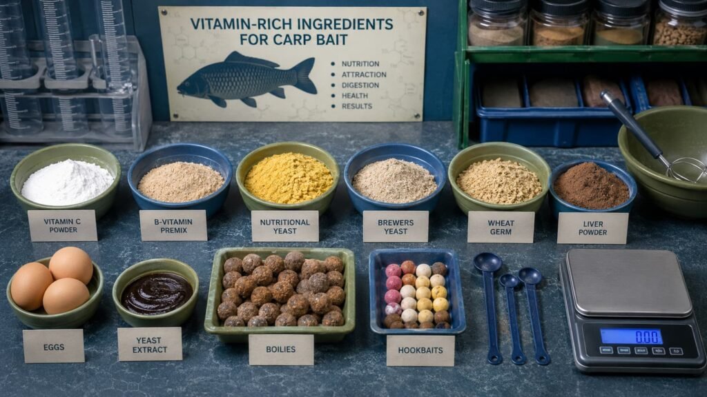 Vitamins for carp bait with vitamin C, B vitamins, yeast, wheat germ, liver powder, eggs and boilies.