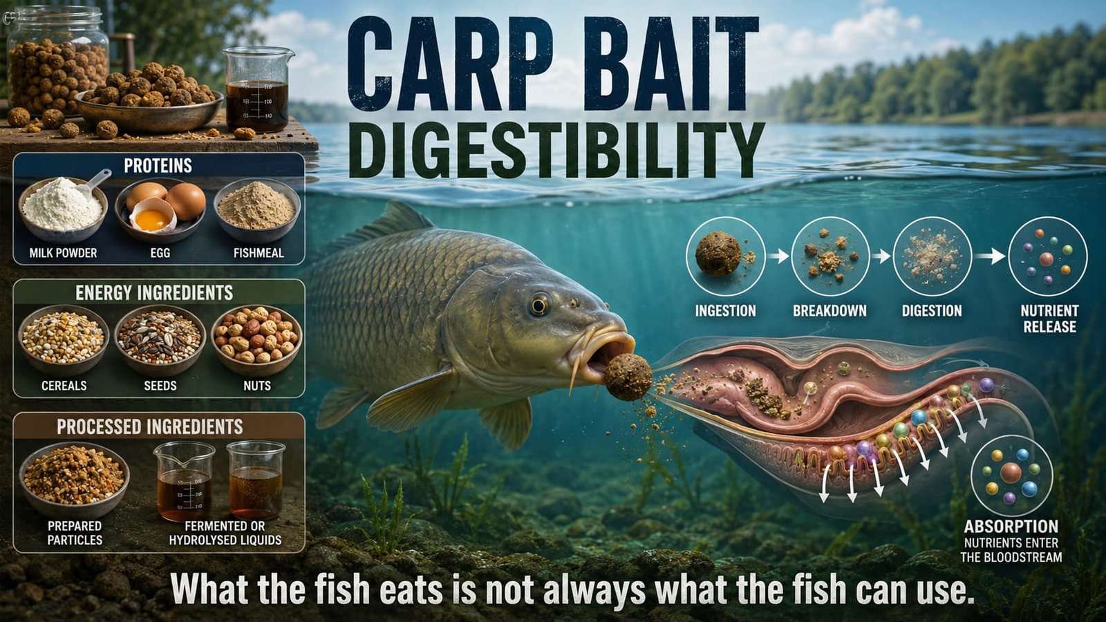 Carp bait digestibility showing proteins, energy ingredients, processed ingredients and nutrient use after feeding.